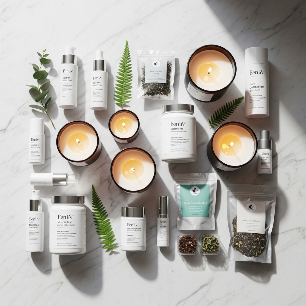 Premium wellness products including skincare, supplements, and aromatherapy items arranged on a clean white surface with natural lighting